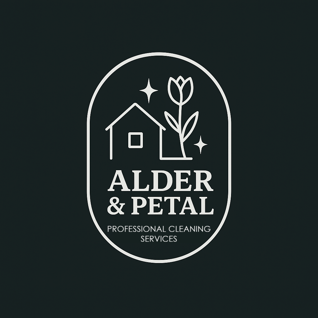 Logo for Alder & Petal cleaning service, minimalist design with a sparkling home and flower should-to-shoulder.