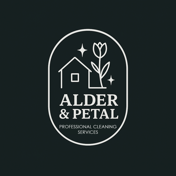 Logo for Alder & Petal cleaning service, minimalist design with a sparkling home and flower should-to-shoulder.